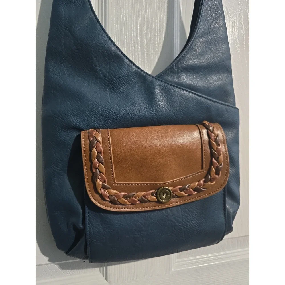 Vintage Bueno Blue Brown Vegan Hobo Shoulder Strap Crossbody Bag Purse Boho Teal